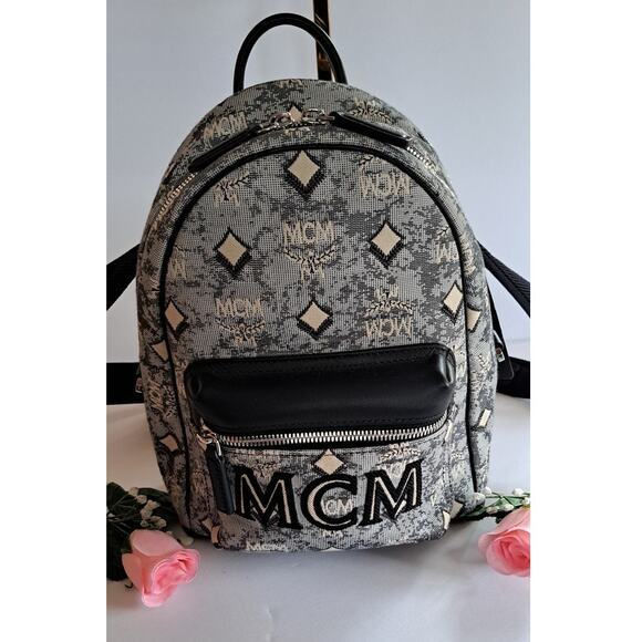 AUTHENTIC NWT MCM Vintage Jacquard Monogram Grey/Black Backpack Mini MSRP $1050 - Picture 2 of 9